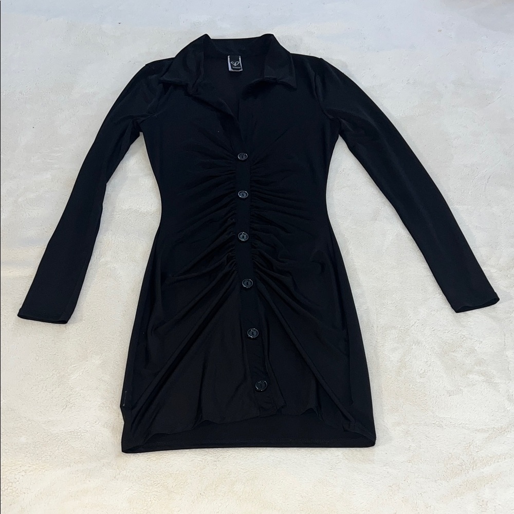 Windsor Black Ruched Button-Up Dress